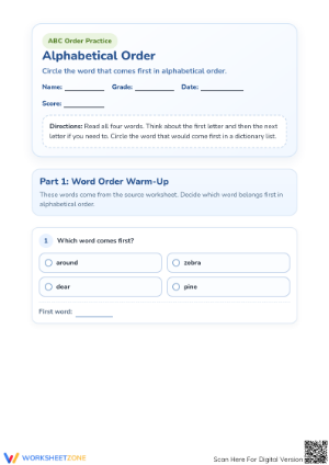 Grade 1 Alphabetical Order — Printable No-Prep Worksheet