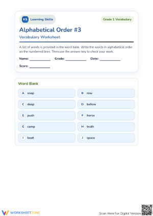 Printable Grade 1 Alphabetical Order & Vocabulary Practice