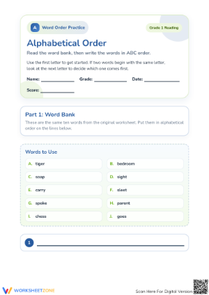 Alphabetical Order Worksheet | Grade 1 Printable ELA