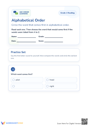 Grade 1 Alphabetical Order — Printable No-Prep Worksheet