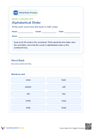 Printable Grade 1 Alphabetical Order Worksheet