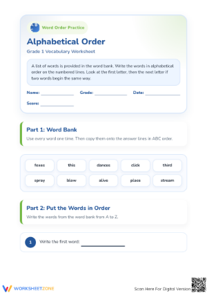 Alphabetical Order Worksheet | Printable Grade 1 ELA