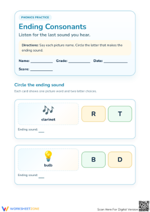 Ending Consonants Worksheet: Preschool ELA Printable