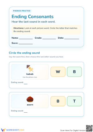 Printable Ending Consonants Worksheet | Preschool ELA