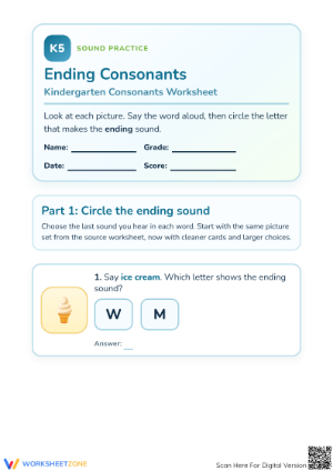 Essential Ending Consonants Worksheet | Kindergarten Phonics