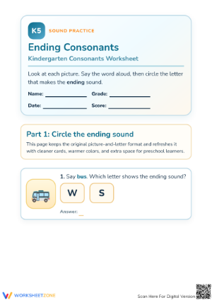 Ending Consonants Worksheet | Essential Preschool ELA