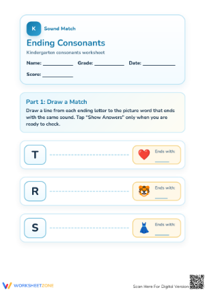 Printable Ending Consonants Worksheet | Preschool ELA