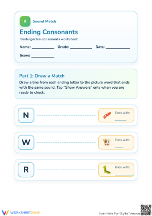 Printable Ending Consonants Match | Grade K Phonics