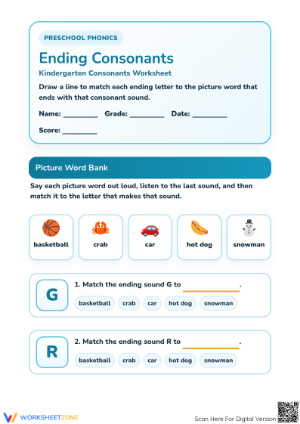 Printable Ending Consonants Worksheet | Preschool ELA
