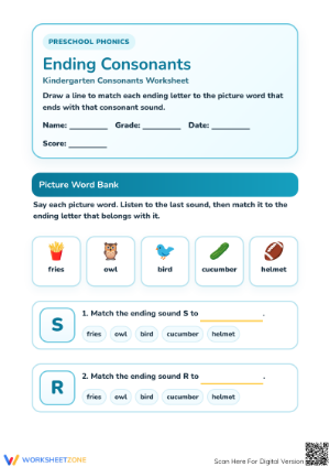Printable Ending Consonants Worksheet | Preschool Phonics