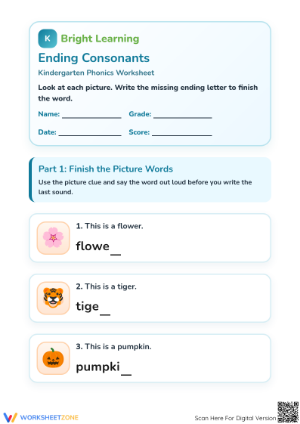 Printable Ending Consonants Worksheet | Kindergarten Phonics