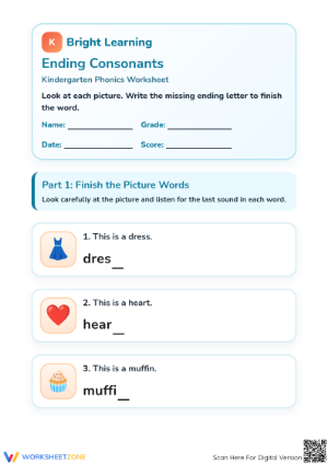 Printable Ending Consonants Phonics Worksheet — Grade K