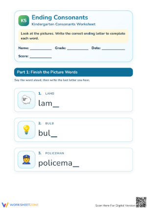 Ending Consonants Worksheet | Kindergarten Phonics Printable