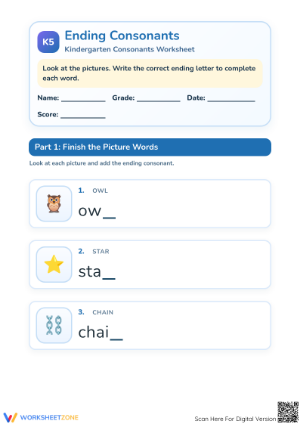 Ending Consonants Worksheet | Grade K-1 Printable