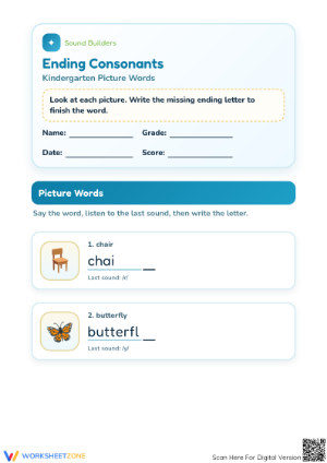 Printable Ending Consonants Worksheet | Kindergarten ELA