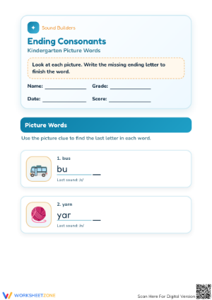 Essential Ending Consonants Worksheet for Kindergarten