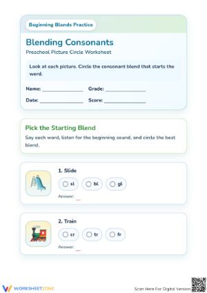 Preschool Consonant Blends — Printable No-Prep Worksheet