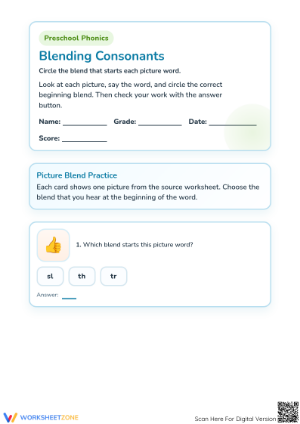 Printable Consonant Blends Phonics Worksheet for Preschool