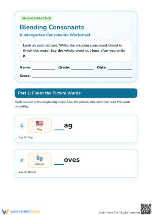 Printable Consonant Blends Worksheet | Grade 1 Phonics