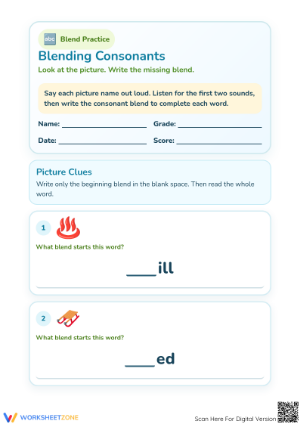 Printable Consonant Blends Worksheet | Grade 1 ELA