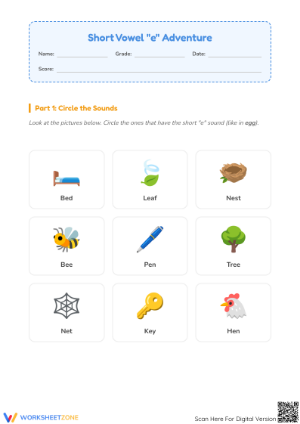 Short Vowel E Printable Worksheet | Grade 1 Phonics