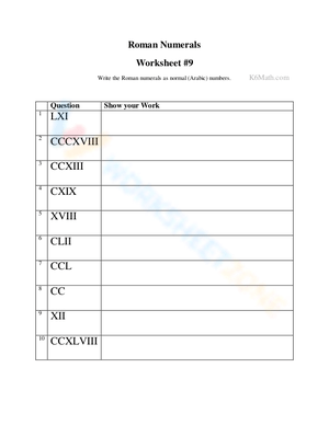 Worksheet for Understanding Roman Numerals Values