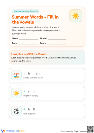 Summer Vowel Fill-in Worksheet | Preschool Printable
