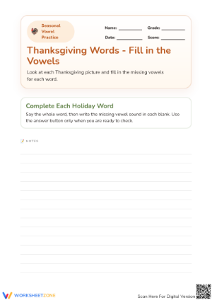 Essential Thanksgiving Vowel Practice Worksheet - Preschool