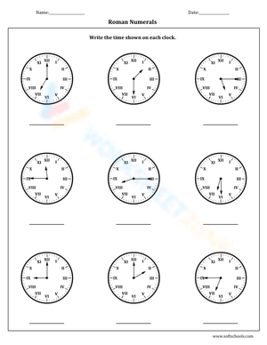 Telling Time Worksheet with Roman Numerals