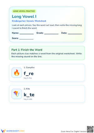 Printable Long Vowel I Worksheet | Grade 1 Phonics