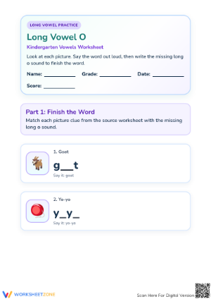 Long Vowel O Worksheet | Grade 1 Printable Phonics