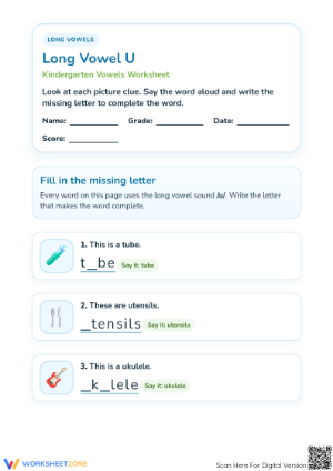 Kindergarten Long Vowel U — Printable No-Prep Worksheet