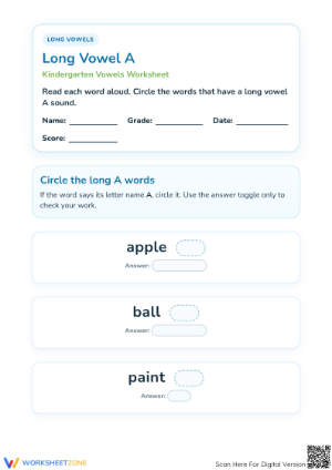 Grade 1 Long Vowel A — Printable No-Prep Worksheet