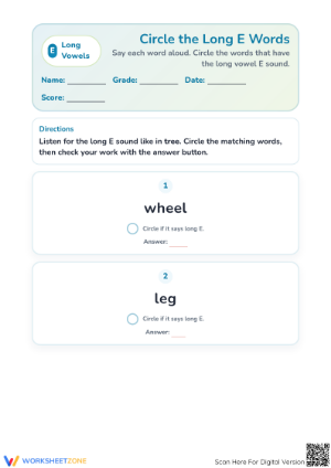 Long Vowel E Worksheet | Grade 1 Printable Phonics