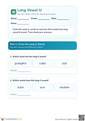 Printable Long Vowel U Phonics Worksheet | Grade 1 Ready