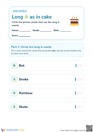 Essential Long Vowel A Worksheet | Grade 1 Phonics