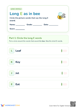 Printable Long Vowel E Phonics Worksheet | Grade 1 ELA