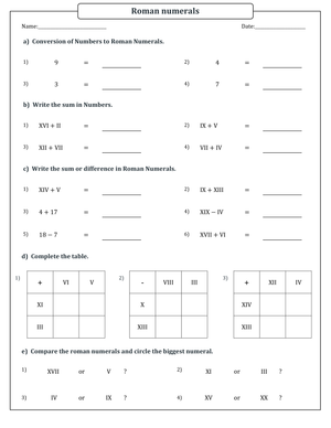 Worksheet: Addition and Subtraction with Roman Numerals