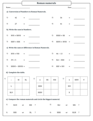 Addition and Subtraction Worksheet with Roman Numerals