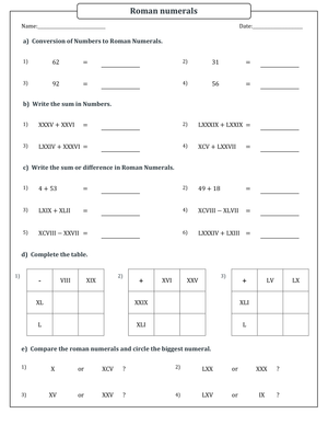 Addition and Subtraction Practice with Roman Numerals