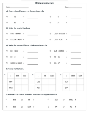 Roman Numerals: Practice Math Skills with This Sheet