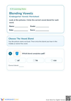 Essential Blending Vowels Worksheet | Grade 1 Phonics