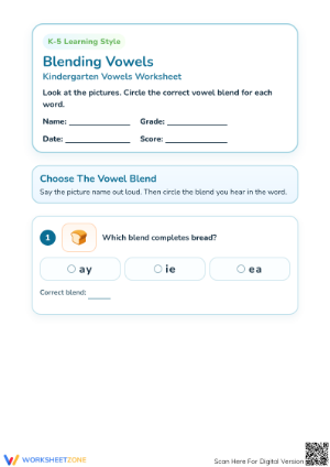 Essential Vowel Blends Worksheet | Grade 1 Printable