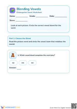 Essential Blending Vowels Worksheet | Grade 1 Phonics