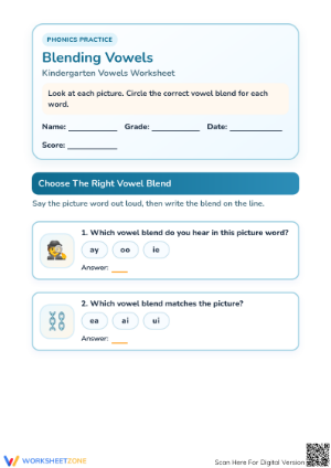 Essential Blending Vowels Worksheet | Grade 1 Phonics