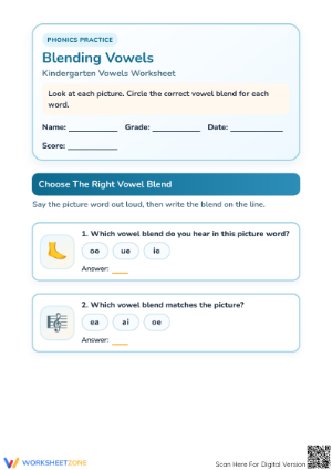 Printable Blending Vowels Worksheet | Grade 1 ELA