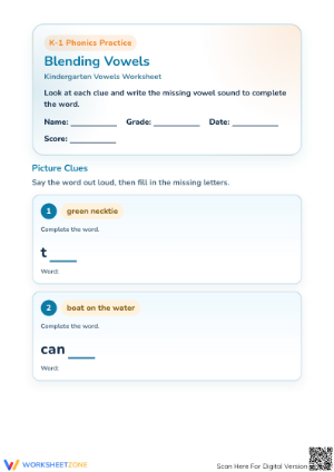 Printable Blending Vowels Worksheet | Grade 1 Phonics