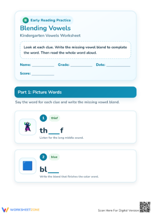 Grade K Blending Vowels — Printable No-Prep Worksheet