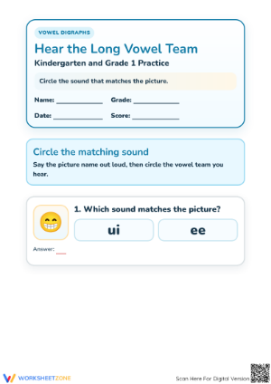 Grade 1 Vowel Digraphs — Printable No-Prep Worksheet