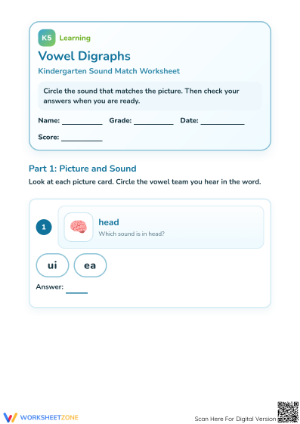 Vowel Digraphs Worksheet | Printable Grade 1 Phonics